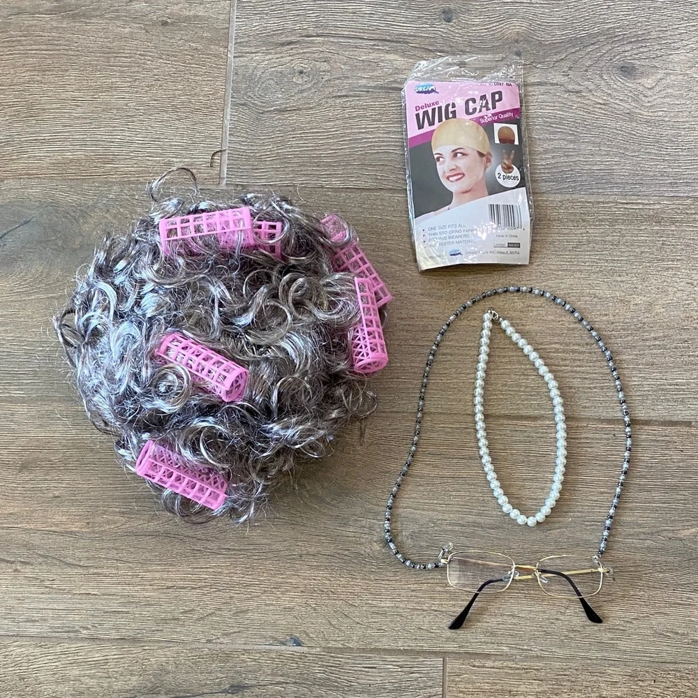 Kids Grandma Costume Wig Set with Pink Rollers - Picture 1 of 5
